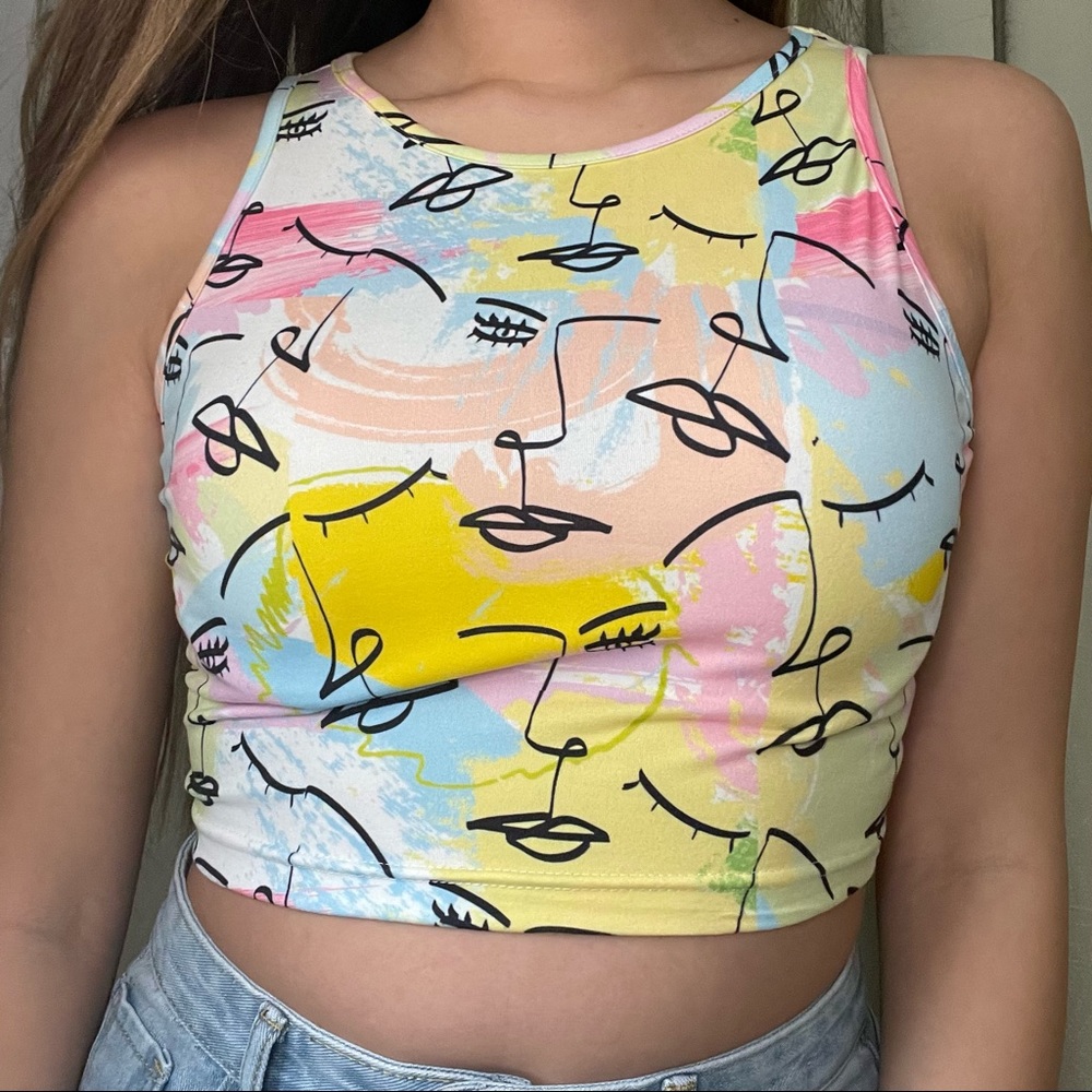 colorful face print graphic tank crop top